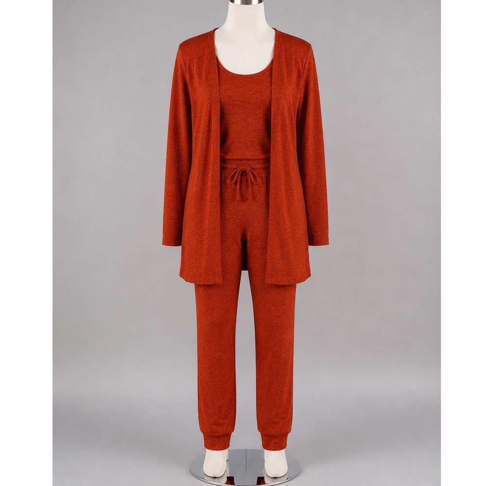 ChicMe 3 Piece Loungewear Set Small Burnt Orange Cardigan Tank Jogger Athleisure